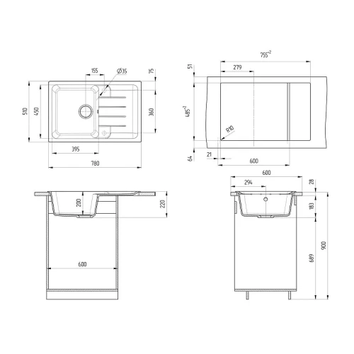 Кухонная мойка Ulgran Quartz Gerda 780-09 Асфальт