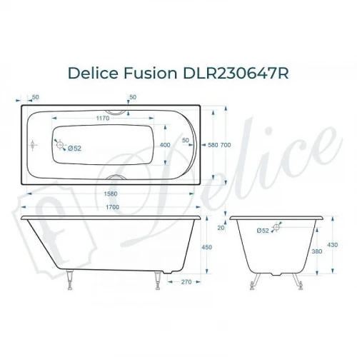 Чугунная ванна Delice Fusion 170х70 DLR230647R цвет Белый с отверстиями под ручки без антискользящего покрытия