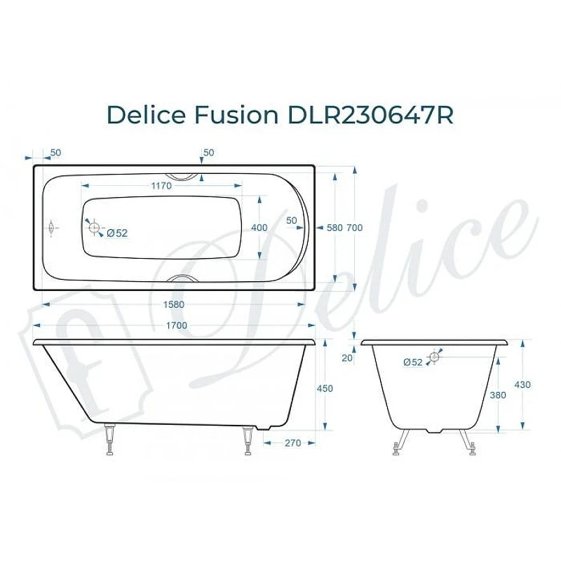 Чугунная ванна Delice Fusion 170х70 DLR230647R цвет Белый с отверстиями под ручки без антискользящего покрытия