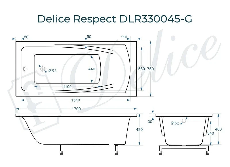 Ванна из искусственного камня Delice Respect 170х75 DLR330045-G цвет Белый глянцевый