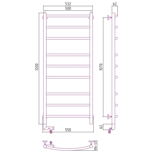 Электрический полотенцесушитель Сунержа Галант 2.0 1200x500 L 00-5200-1250 Хром нержавеющая сталь