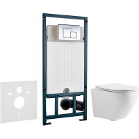 Комплект унитаза CeramaLux 2197 с сиденьем Микролифт и инсталляцией WeltWasser WW Marberg 507 10000005949+10000005953 с клавишей смыва Хром глянцевый фаянс подвесной