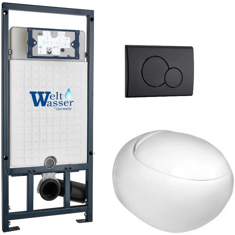 Комплект унитаза с инсталляцией WeltWasser MARBERG 507 + JECKENBACH 004 GL-WT + MAR 507 RD MT-BL 10000010725 цвет Белый глянцевый с сиденьем Микролифт и клавишей смыва цвет Черный матовый