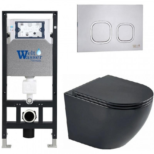 Комплект унитаза с инсталляцией WeltWasser AMBERG 506 + MERZBACH 043 MT-BL + AMBERG RD-MT CR 10000011342 цвет Черный матовый с сиденьем Микролифт и клавишей смыва цвет Хром матовый