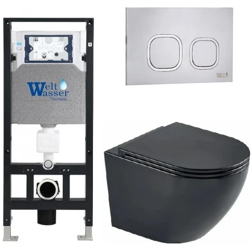 Комплект унитаза с инсталляцией WeltWasser AMBERG 506 + MERZBACH 043 MT-BL + AMBERG RD-MT CR 10000011342 цвет Черный матовый с сиденьем Микролифт и клавишей смыва цвет Хром матовый