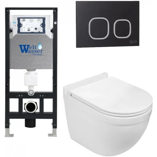 Комплект унитаза с инсталляцией WeltWasser AMBERG 506 + HEIMBACH 043 GL-WT + AMBERG RD-BL 10000012146 цвет Белый глянцевый с сиденьем Микролифт и клавишей смыва цвет Черный