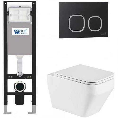 Комплект унитаза с инсталляцией WeltWasser AMBERG 350 + HOFBACH 041 GL-WT + AMBERG RD-BL 10000012339 цвет Белый глянцевый с сиденьем Микролифт и клавишей смыва цвет Черный