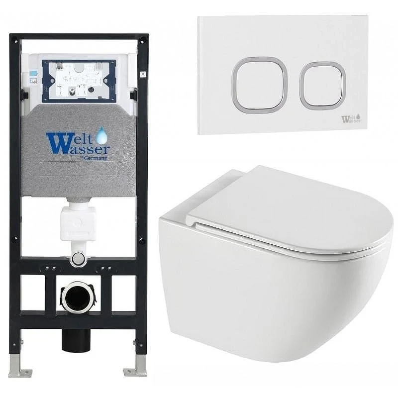 Комплект унитаза с инсталляцией WeltWasser AMBERG 506 + MERZBACH 043 XL GL-WT + AMBERG RD-WT 10000013779 цвет Белый глянцевый с сиденьем Микролифт и клавишей смыва цвет Белый