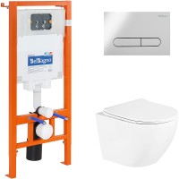 Комплект унитаза с инсталляцией BelBagno Uno BB3105CHR/SC/BB002-80/BB005-PR-CHROME с сиденьем Микролифт и клавишей смыва Хром глянцевый фаянс подвесной
