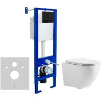 Комплект унитаза CeramaLux 2197 с инсталляцией Berges Atom 410 040340 с сиденьем Микролифт и Черной матовой клавишей смыва фаянс подвесной