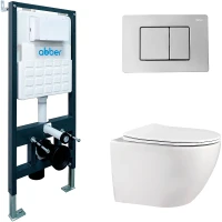 Комплект унитаза с инсталляцией Abber Bequem AC1100-AC0105-AC0120 с сиденьем Микролифт и клавишей смыва Хром фаянс подвесной