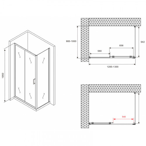 Душевой уголок Abber Schwarzer Diamant 130x100 AG30130BMH-S100BM профиль Черный стекло матовое