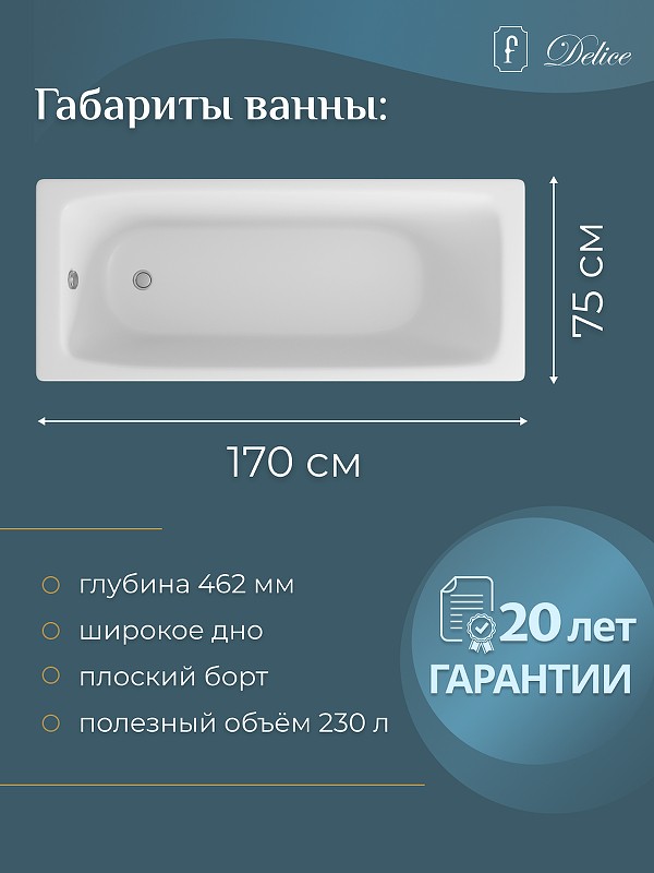 Чугунная ванна Delice Biove 170x75 DLR220509RB с черными матовыми ручками без антискользящего покрытия