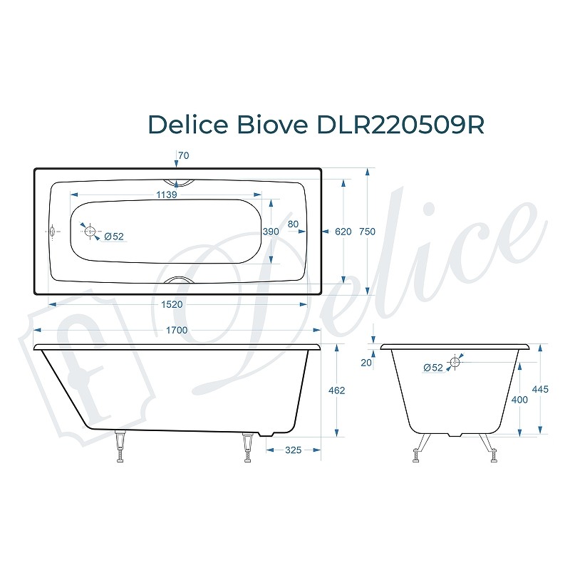 Чугунная ванна Delice Biove 170x75 DLR220509RB с черными матовыми ручками без антискользящего покрытия