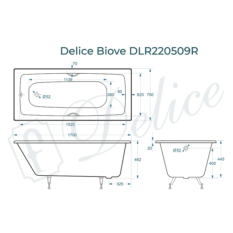 Чугунная ванна Delice Biove 170x75 DLR220509RB с черными матовыми ручками без антискользящего покрытия