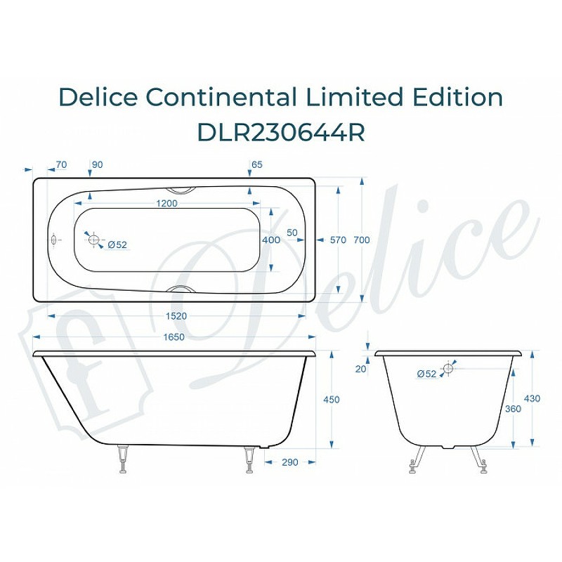 Чугунная ванна Delice Continental Limited Edition 165x70 DLR230644R с отверстиями под ручки без антискользящего покрытия