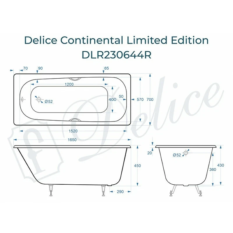 Чугунная ванна Delice Continental Limited Edition 165x70 DLR230644R с отверстиями под ручки без антискользящего покрытия