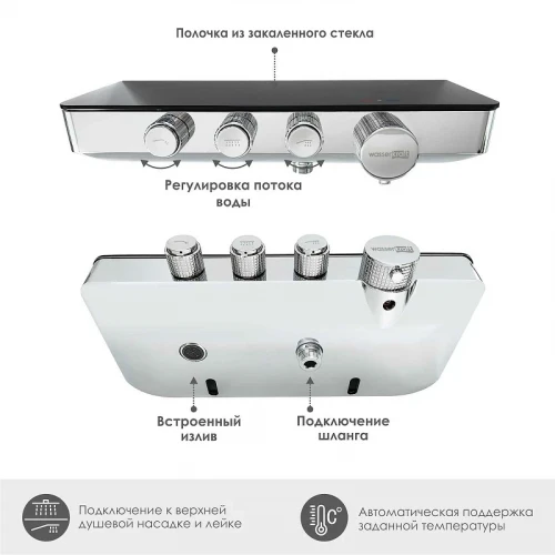 Смеситель для ванны WasserKRAFT Elbe 7499 Thermo с термостатом Хром Черный латунь на стену
