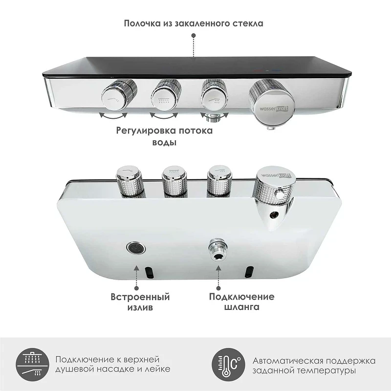 Смеситель для ванны WasserKRAFT Elbe 7499 Thermo с термостатом Хром Черный латунь на стену