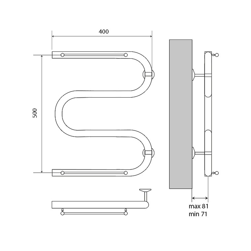 Водяной полотенцесушитель Melodia della vita Simple Shelf М-образный 50х40х1 MTRSS5040 с полкой Полированная сталь