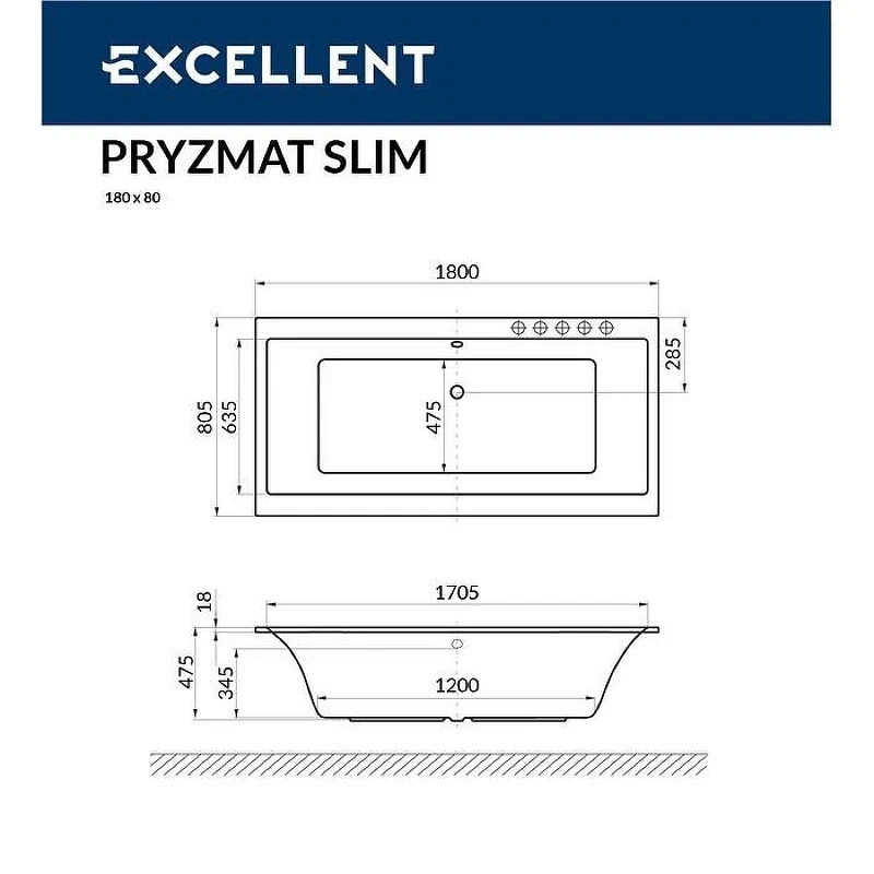 Акриловая ванна Excellent Pryzmat Slim 180x80 WAEX.PRY18S.SMART.WH цвет Белый с гидромассажем форсунки Белые