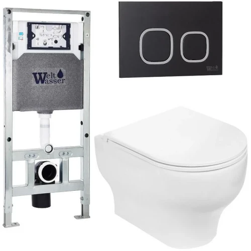 Комплект унитаза с инсталляцией WeltWasser AMBERG 506 ST + ERLENBACH 004 GL-WT + AMBERG RD-BL 10000006859 цвет Белый глянцевый с сиденьем Микролифт и клавишей смыва цвет Черный