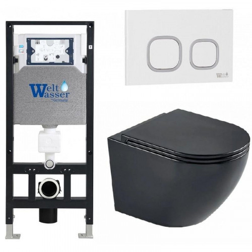 Комплект унитаза с инсталляцией WeltWasser AMBERG 506 + MERZBACH 043 MT-BL + AMBERG RD-WT 10000011343 цвет Черный матовый с сиденьем Микролифт и клавишей смыва цвет Белый