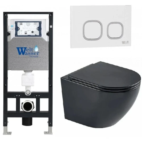 Комплект унитаза с инсталляцией WeltWasser AMBERG 506 + MERZBACH 043 MT-BL + AMBERG RD-WT 10000011343 цвет Черный матовый с сиденьем Микролифт и клавишей смыва цвет Белый