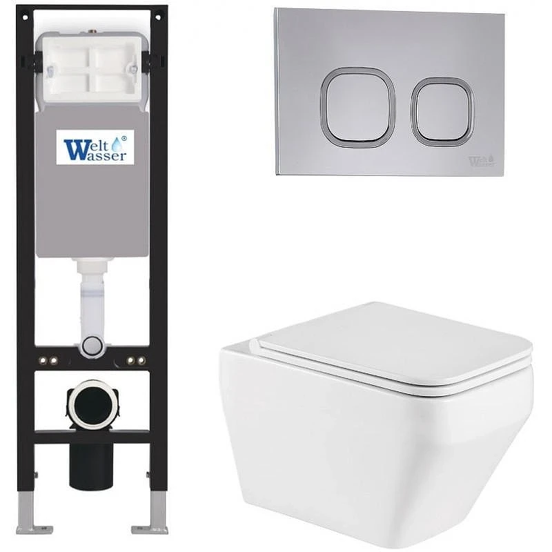 Комплект унитаза с инсталляцией WeltWasser AMBERG 350 + HOFBACH 041 GL-WT + AMBERG RD-CR 10000012340 цвет Белый глянцевый с сиденьем Микролифт и клавишей смыва цвет Хром
