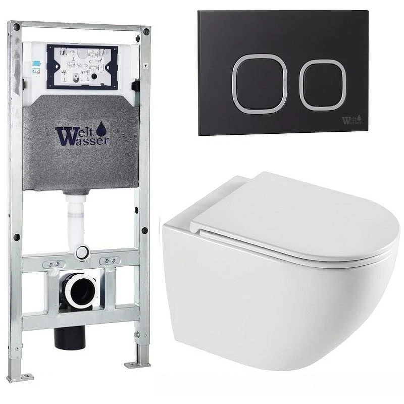 Комплект унитаза с инсталляцией WeltWasser AMBERG 506 ST + MERZBACH 043 XL GL-WT + AMBERG RD-BL 10000013781 цвет Белый глянцевый с сиденьем Микролифт и клавишей смыва цвет Черный