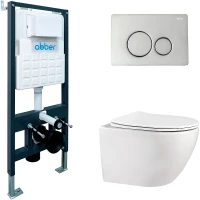 Комплект унитаза с инсталляцией Abber Bequem AC1100-AC0105-AC0121 с сиденьем Микролифт и клавишей смыва Хром фаянс подвесной