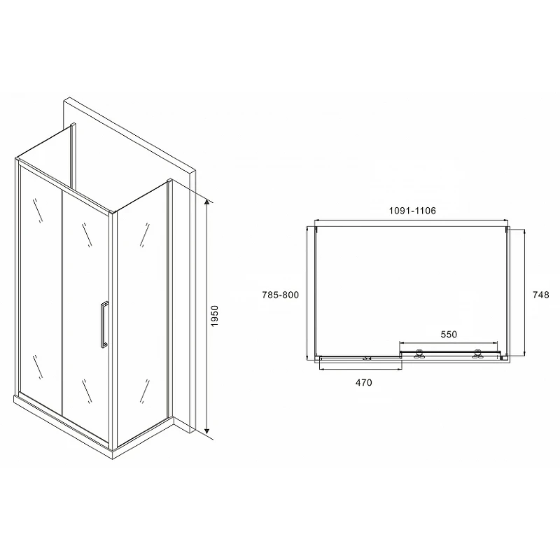 Душевой уголок Abber Schwarzer Diamant 110x80 AG30110MH-S80M-S80M профиль Хром стекло матовое