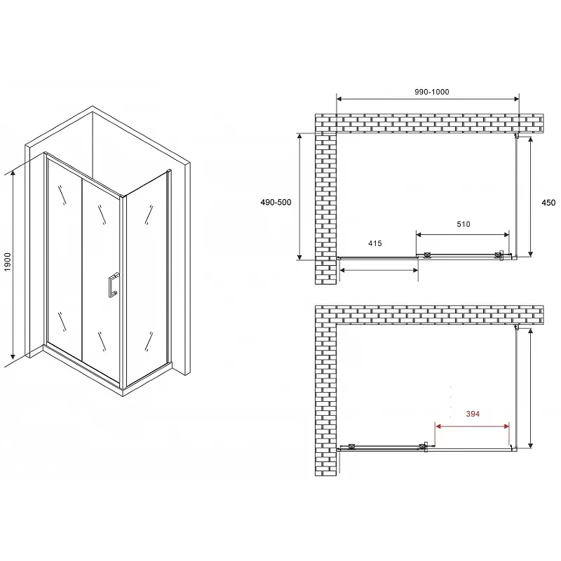 Душевой уголок Abber Schwarzer Diamant 100x50 AG30100B5-S50B5 профиль Черный стекло прозрачное
