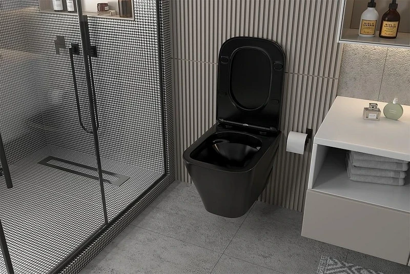 Комплект унитаза Abber Rechteck AC1201MB-AC0105-AC0120MB с сиденьем Микролифт и клавишей смыва цвет Черный матовый