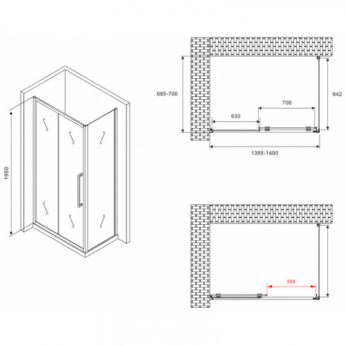 Душевой уголок Abber Schwarzer Diamant 140x70 AG30140BMH-S70BM профиль Черный стекло матовое