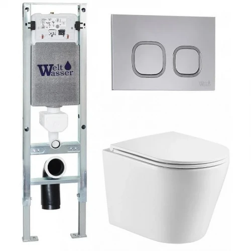 Комплект унитаза с инсталляцией WeltWasser AMBERG 350 ST + SALZBACH 043 GL-WT + AMBERG RD-CR 10000011485 цвет Белый глянцевый с сиденьем Микролифт и клавишей смыва цвет Хром