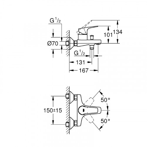 Смеситель для ванны Grohe Bauflow 23756000 Хром латунь на стену
