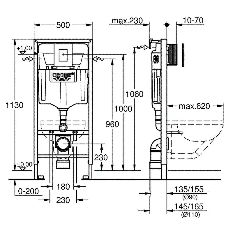 Комплект унитаза с инсталляцией Grohe Rapid SL 39182001 цвет Белый с сиденьем Микролифт и клавишей смыва цвет Хром