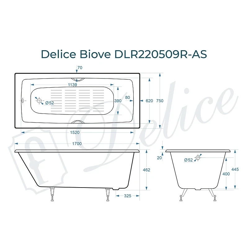 Чугунная ванна Delice Biove 170x75 DLR220509RB-AS с черными матовыми ручками с антискользящим покрытием