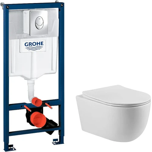 Комплект унитаза Vincea Evo Rimless VT1-34S с инсталляцией Grohe Rapid SL 38721001 с сиденьем Микролифт и клавишей смыва Хром фарфор подвесной