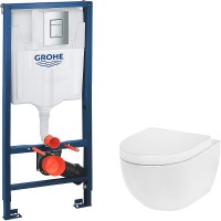 Комплект унитаза AM.PM Awe C111738WH+C117852WH с инсталляцией Grohe Rapid SL 38772001 с сиденьем Микролифт и клавишей смыва Хром фарфор подвесной