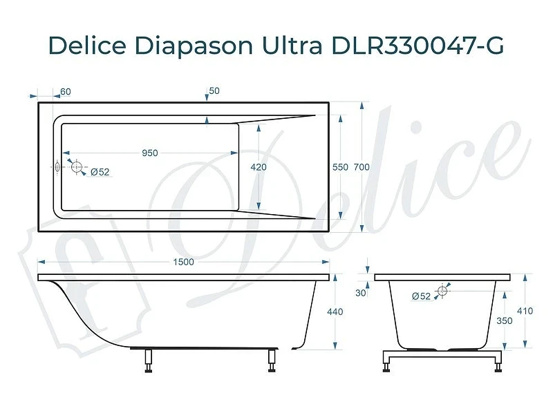 Ванна из искусственного камня Delice Diapason Ultra 150х70 DLR330047-G с узким бортом цвет Белый глянцевый