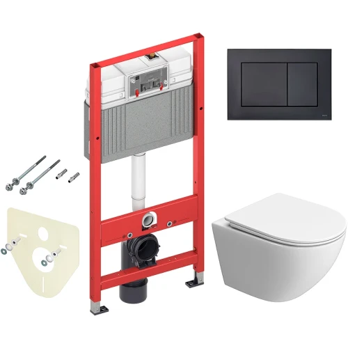 Комплект унитаза BelBagno Uno-Tor BB5177CH-TOR/SC с инсталляцией Tece Now 9400414 с сиденьем Микролифт и Черной матовой клавишей смыва фаянс подвесной