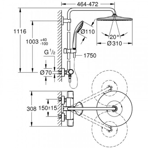 Душевая система Grohe Euphoria 310 26075001 с термостатом Хром латунь на стену