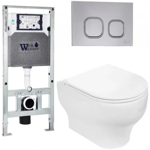 Комплект унитаза с инсталляцией WeltWasser AMBERG 506 ST + ERLENBACH 004 GL-WT + AMBERG RD-CR 10000006860 цвет Белый глянцевый с сиденьем Микролифт и клавишей смыва цвет Хром