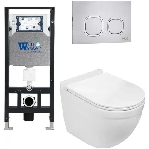 Комплект унитаза с инсталляцией WeltWasser AMBERG 506 + HEIMBACH 043 GL-WT + AMBERG RD-MT CR 10000012148 цвет Белый глянцевый с сиденьем Микролифт и клавишей смыва цвет Хром матовый
