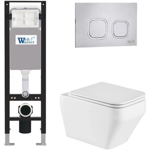 Комплект унитаза с инсталляцией WeltWasser AMBERG 350 + HOFBACH 041 GL-WT + AMBERG RD-MT CR 10000012341 цвет Белый глянцевый с сиденьем Микролифт и клавишей смыва цвет Хром матовый