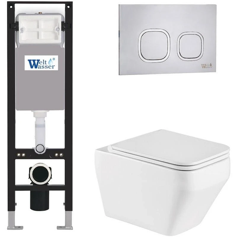 Комплект унитаза с инсталляцией WeltWasser AMBERG 350 + HOFBACH 041 GL-WT + AMBERG RD-MT CR 10000012341 цвет Белый глянцевый с сиденьем Микролифт и клавишей смыва цвет Хром матовый