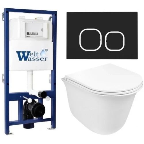 Комплект унитаза с инсталляцией WeltWasser BAMBERG 460 + TELBACH 004 GL-WT + BAMBERG BL 10000012954 цвет Белый глянцевый с сиденьем Микролифт и клавишей смыва цвет Черный