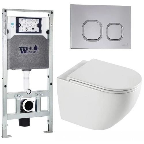 Комплект унитаза с инсталляцией WeltWasser AMBERG 506 ST + MERZBACH 043 XL GL-WT + AMBERG RD-CR 10000013782 цвет Белый глянцевый с сиденьем Микролифт и клавишей смыва цвет Хром